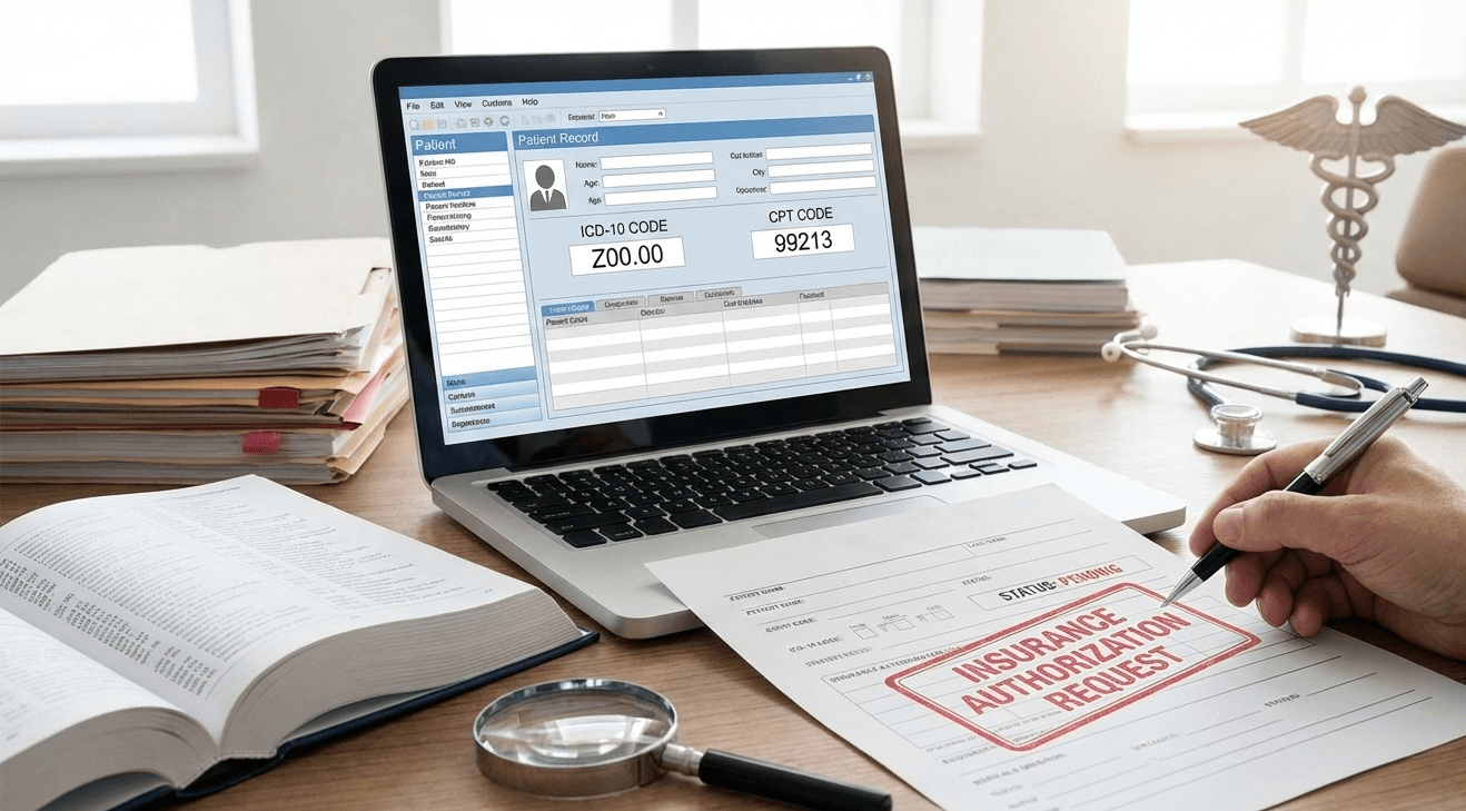 Insurance authorization request workflow on a laptop